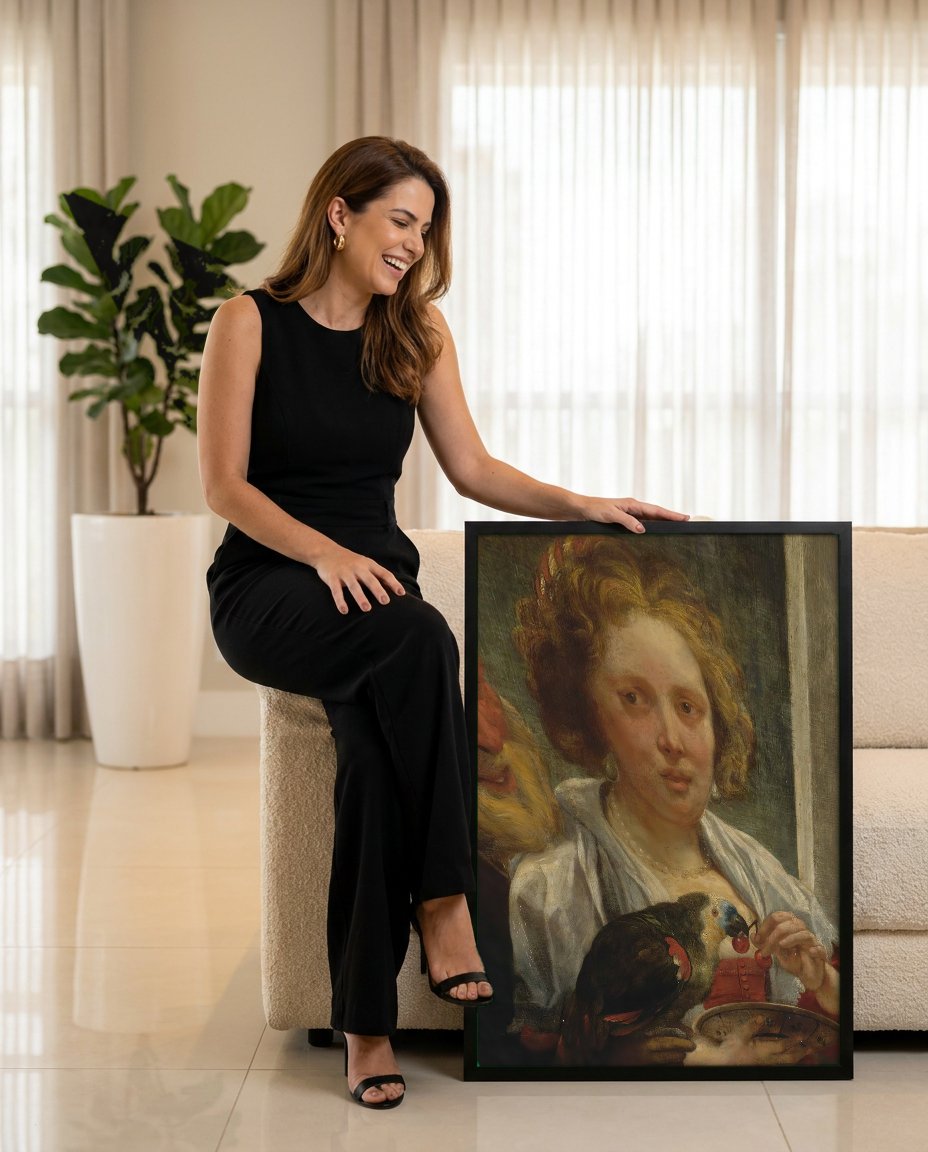 Quadro Decorativo A Oferta de Cerejas - Jacob Jordaens com modelo em ambiente