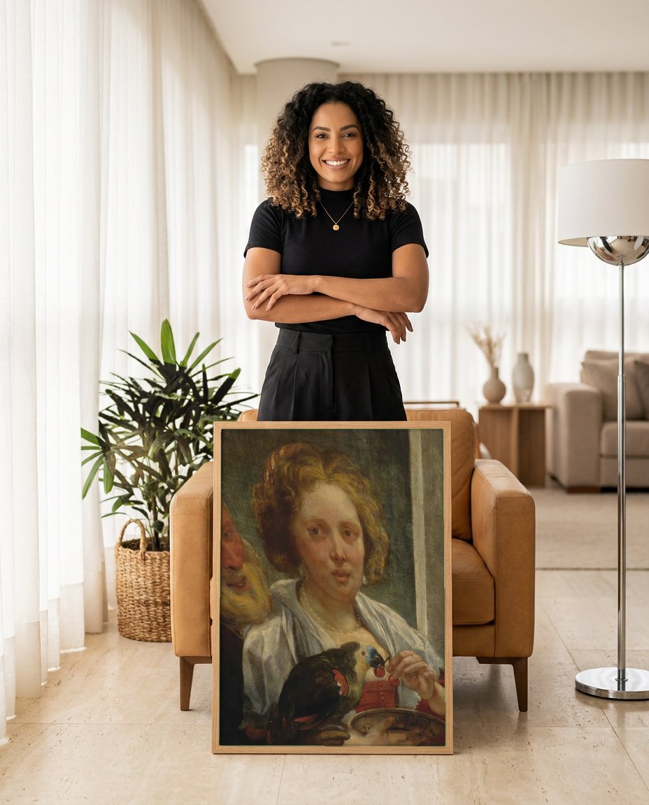 Quadro Decorativo A Oferta de Cerejas - Jacob Jordaens com modelo em ambiente