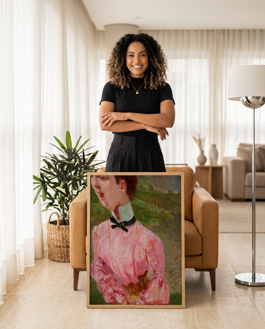 Quadro Decorativo Moça em Cor de Rosa - Jacek Malczewski com modelo em ambiente