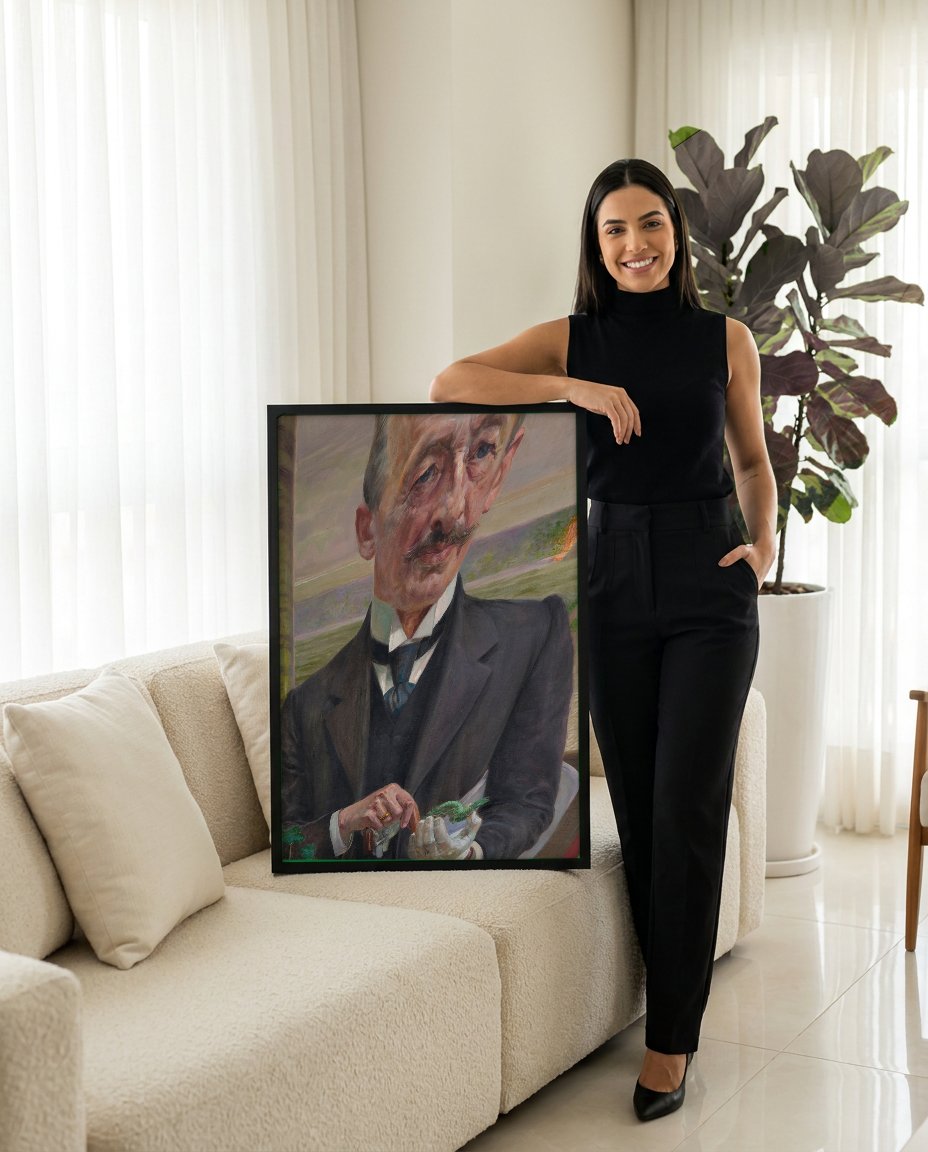 Quadro Decorativo Retrato com Lagarta - Jacek Malczewski com modelo em ambiente
