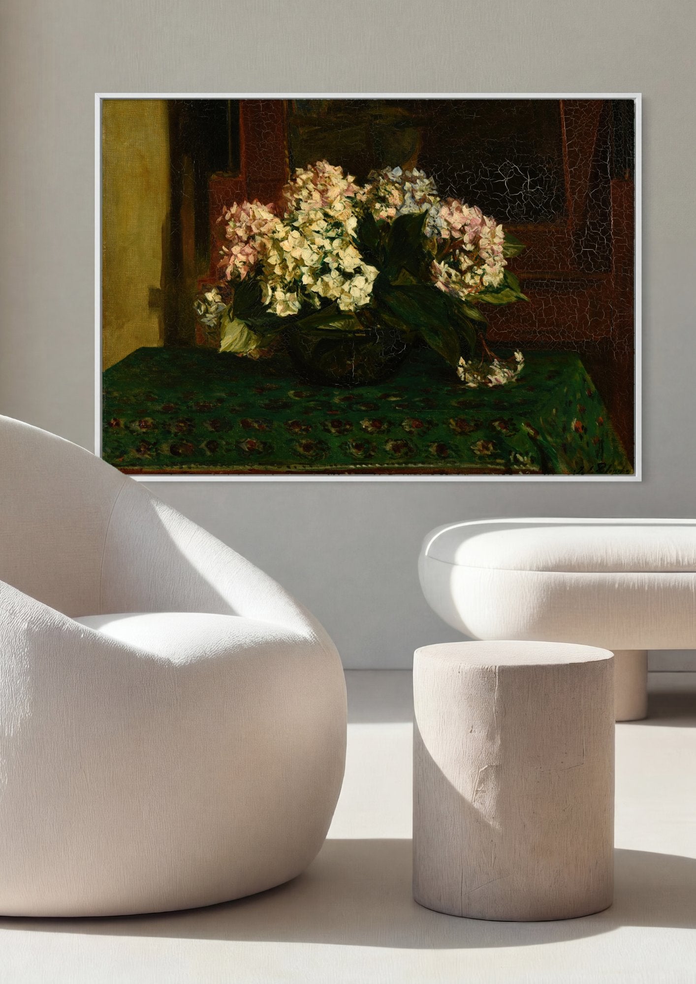 Quadro Decorativo Hortênsias em Vaso - Jacques Émile Blanche em ambiente decorado