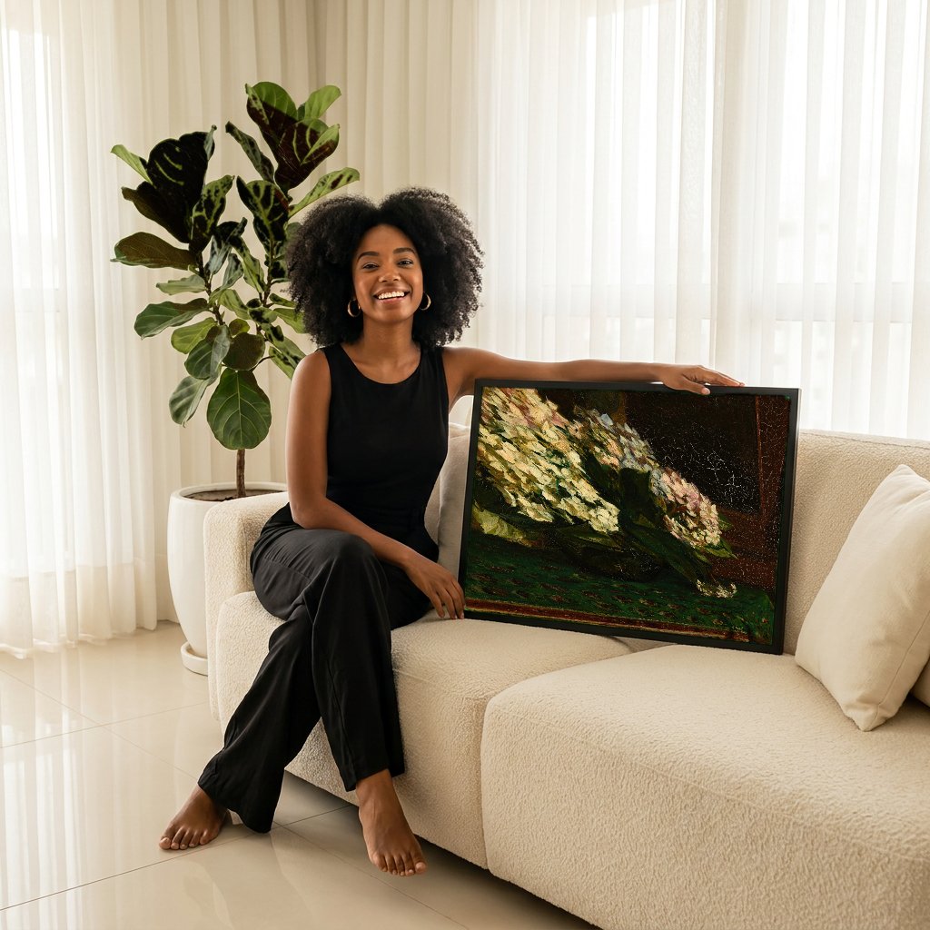 Quadro Decorativo Hortênsias em Vaso - Jacques Émile Blanche com modelo em ambiente