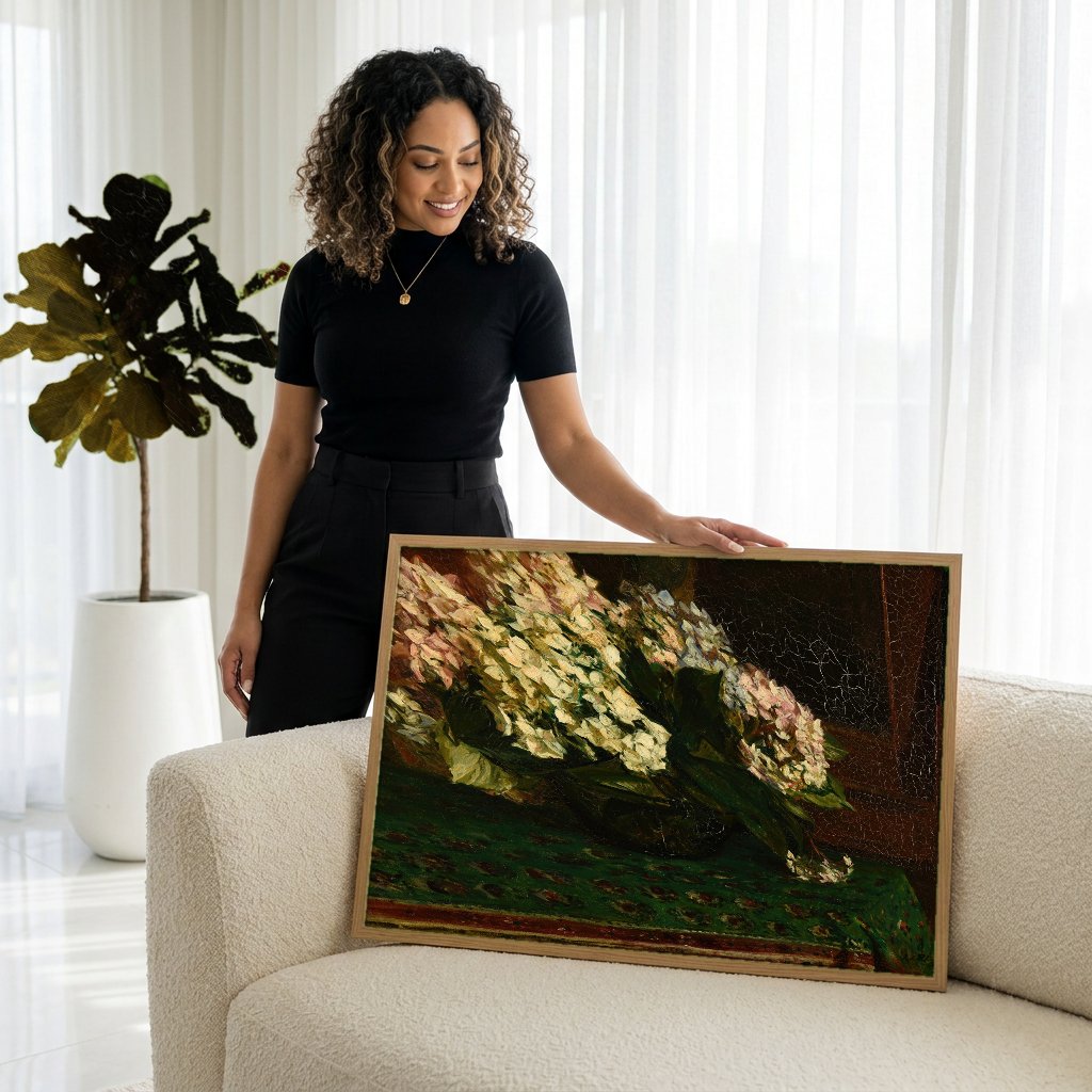 Quadro Decorativo Hortênsias em Vaso - Jacques Émile Blanche com modelo em ambiente