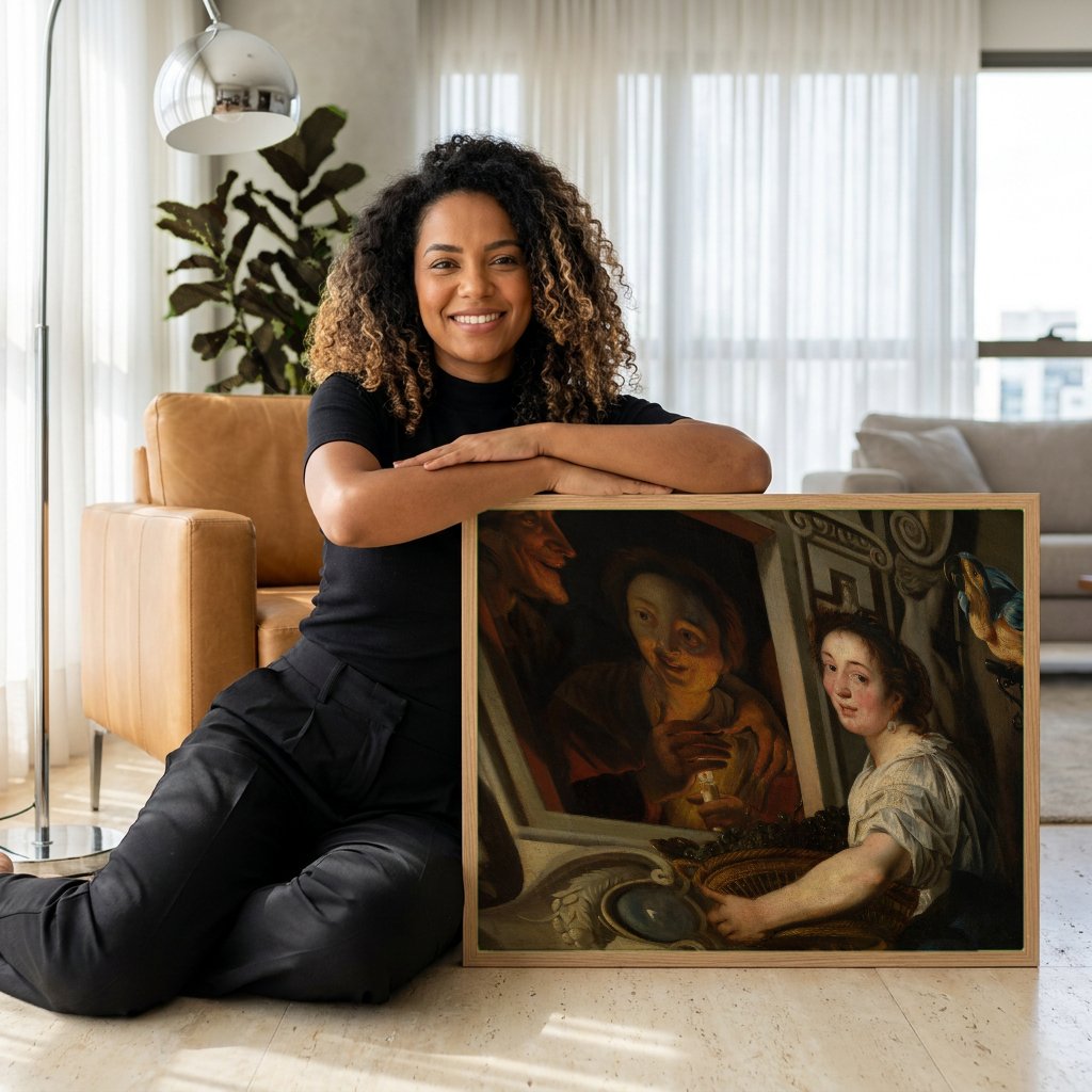 Quadro Decorativo A Oferta de Frutas - Jacob Jordaens com modelo em ambiente