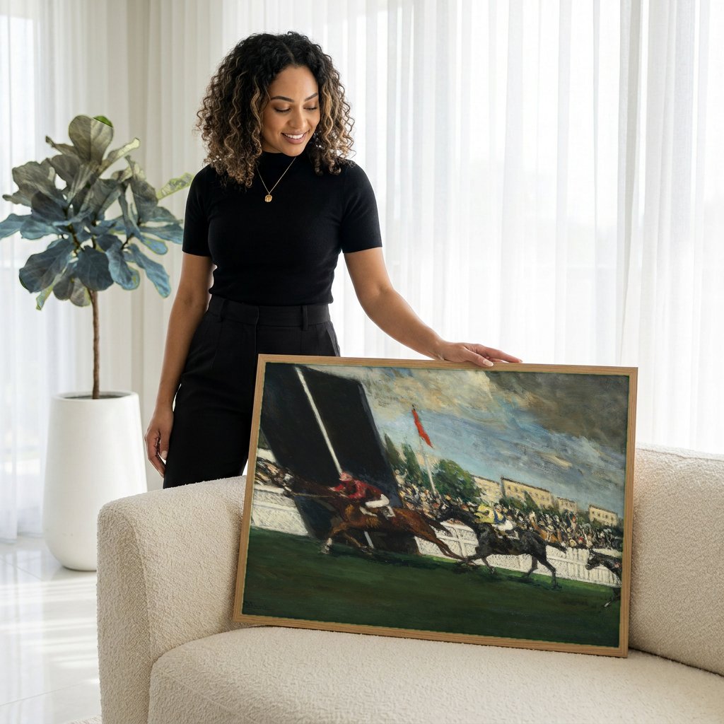 Quadro Decorativo Corrida de Cavalos - Jacques Émile Blanche com modelo em ambiente