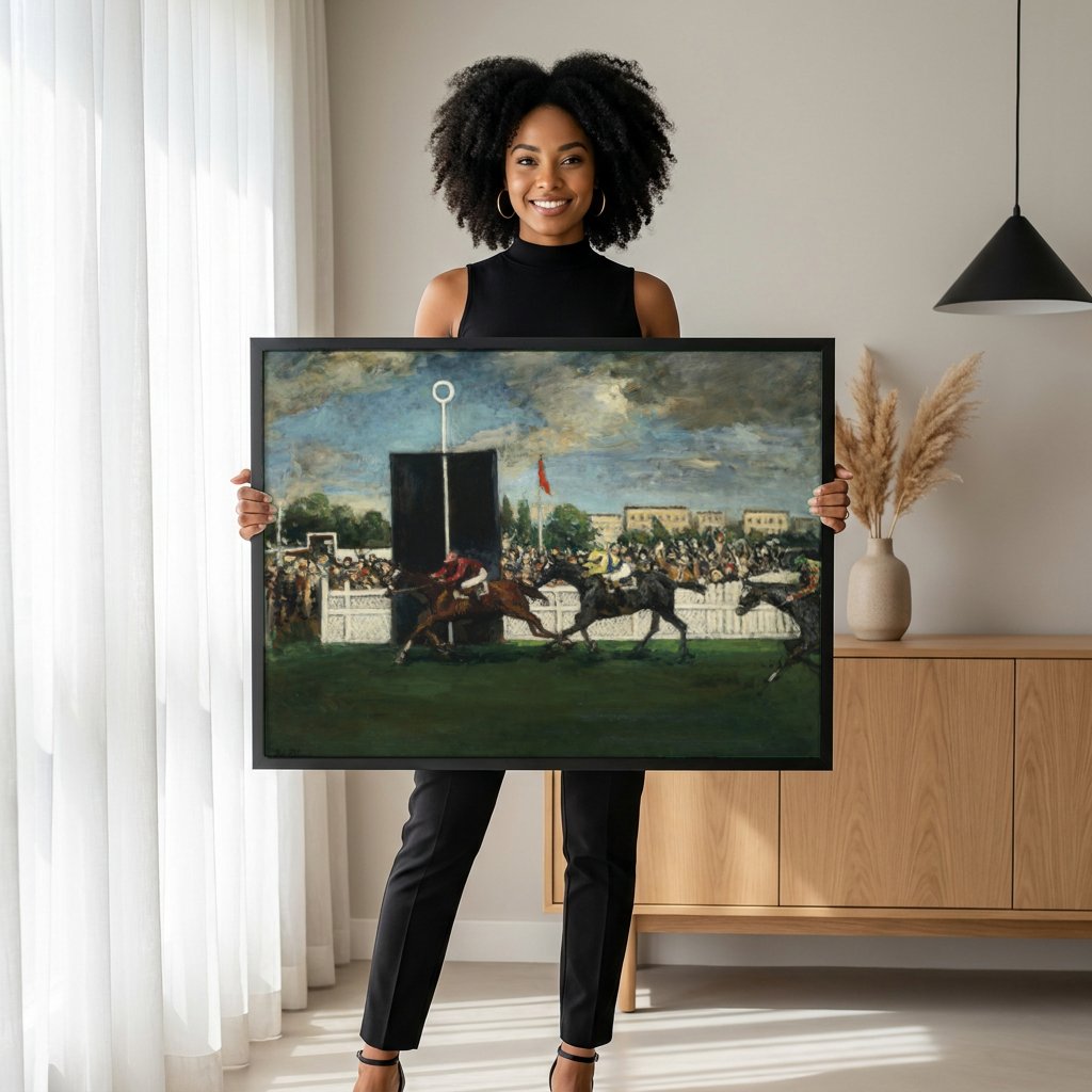 Quadro Decorativo Corrida de Cavalos - Jacques Émile Blanche com modelo em ambiente