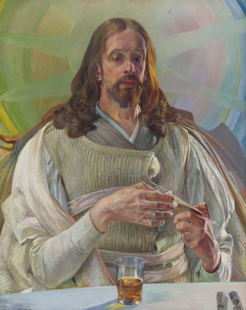 Autorretrato de Jacek Malczewski como Cristo, com vestes brancas e marrons, barba e cabelo comprido, segurando algo nas mãos, com um copo de bebida na mesa à sua frente. O fundo apresenta formas geométricas em tons claros de verde e azul.
