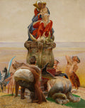 Quadro decorativo "A Fonte da Vida" de Jacek Malczewski, representando figuras religiosas e mitológicas em torno de uma fonte, com cores vibrantes e detalhes simbólicos.