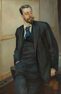 Retrato de corpo inteiro de um homem com bigode e barba ruivos, vestindo terno escuro e gravata azul, assinado por Jacek Malczewski.