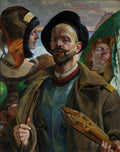 Autorretrato de Jacek Malczewski, um homem de bigode e barba, usando chapéu preto e armadura sob um casaco, segurando um instrumento musical, ladeado por duas figuras femininas, uma com touca e outra adormecida com folhas verdes. Fundo de céu com pássaros. Assinado e datado de 1908.
