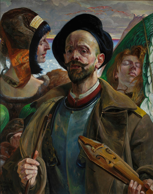 Autorretrato de Jacek Malczewski, um homem de bigode e barba, usando chapéu preto e armadura sob um casaco, segurando um instrumento musical, ladeado por duas figuras femininas, uma com touca e outra adormecida com folhas verdes. Fundo de céu com pássaros. Assinado e datado de 1908.