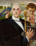 Retrato de um homem idoso de bigodes, com uma coroa de flores azuis em segundo plano e uma figura feminina abrindo uma gaiola ao seu lado, obra de Jacek Malczewski.