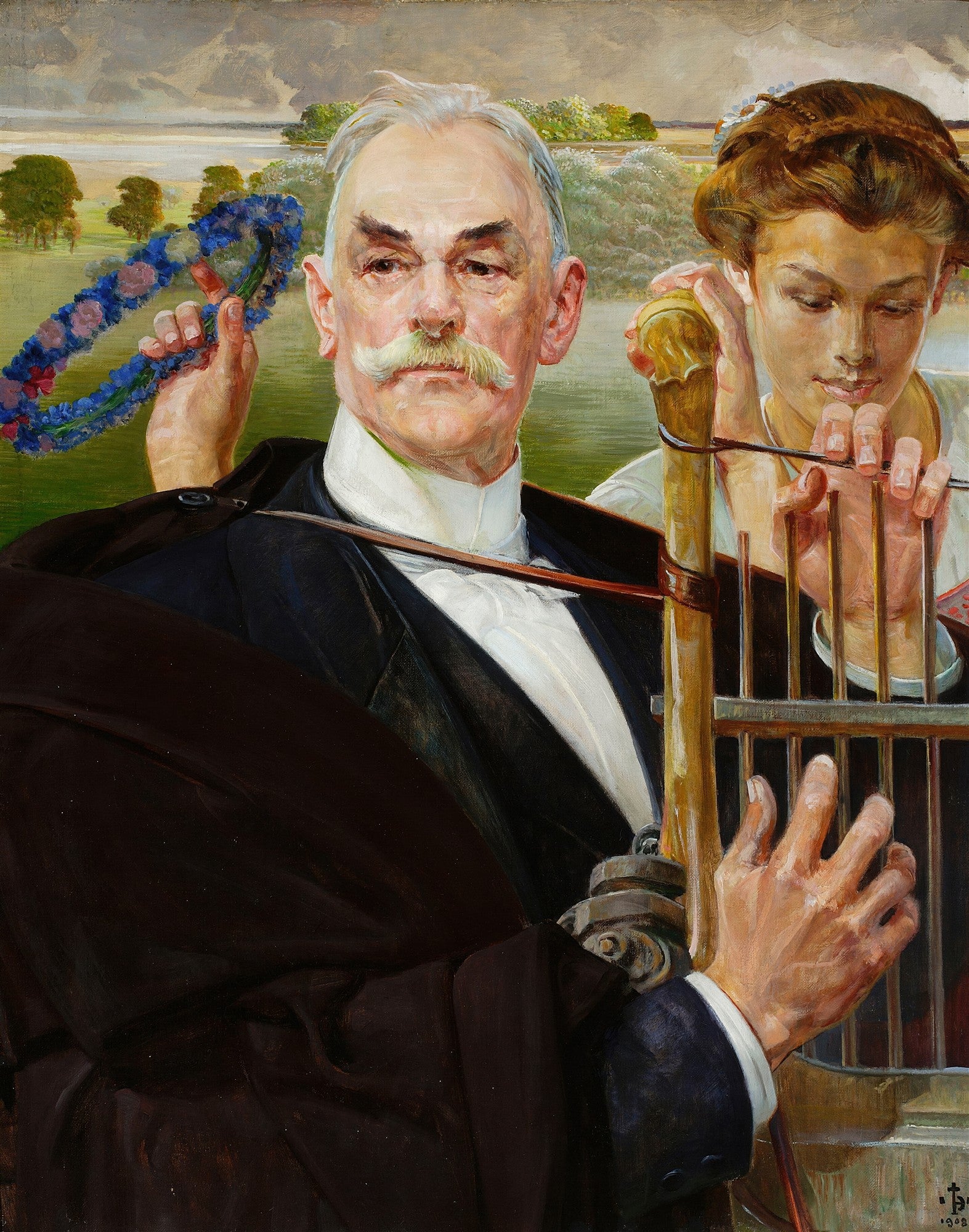 Retrato de um homem idoso de bigodes, com uma coroa de flores azuis em segundo plano e uma figura feminina abrindo uma gaiola ao seu lado, obra de Jacek Malczewski.