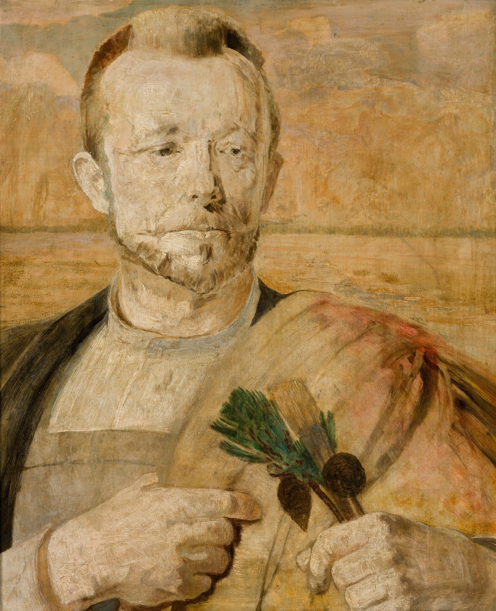 Autorretrato de Jacek Malczewski, um homem com barba e bigode, vestindo camisa clara e casaco escuro, segurando galhos verdes e pinhas. A pintura tem tons terrosos e uma atmosfera introspectiva.