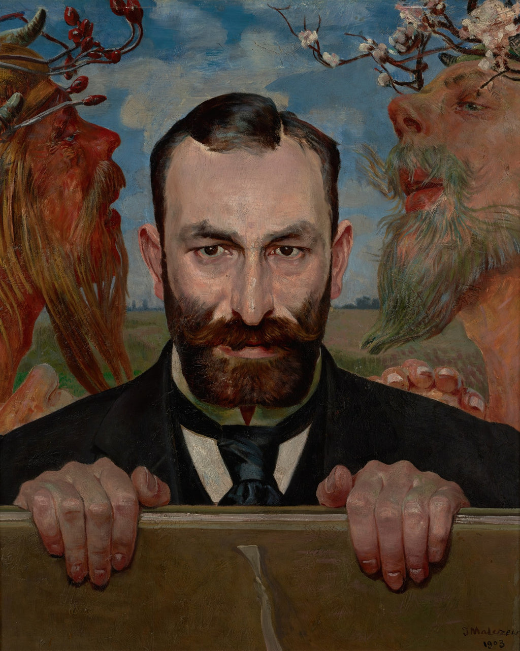 Autorretrato de Jacek Malczewski de 1903, onde o artista com barba e bigode olha diretamente para o observador, ladeado por duas figuras mitológicas, sátiros, com chifres e barbas longas, em um fundo de céu azul e campo verde. As mãos do artista estão apoiadas em uma superfície inferior.