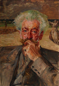 Autorretrato de Jacek Malczewski com cabelo branco e bigode, mão no queixo, fundo com figuras etéreas e céu dramático, obra simbolista de 1911.