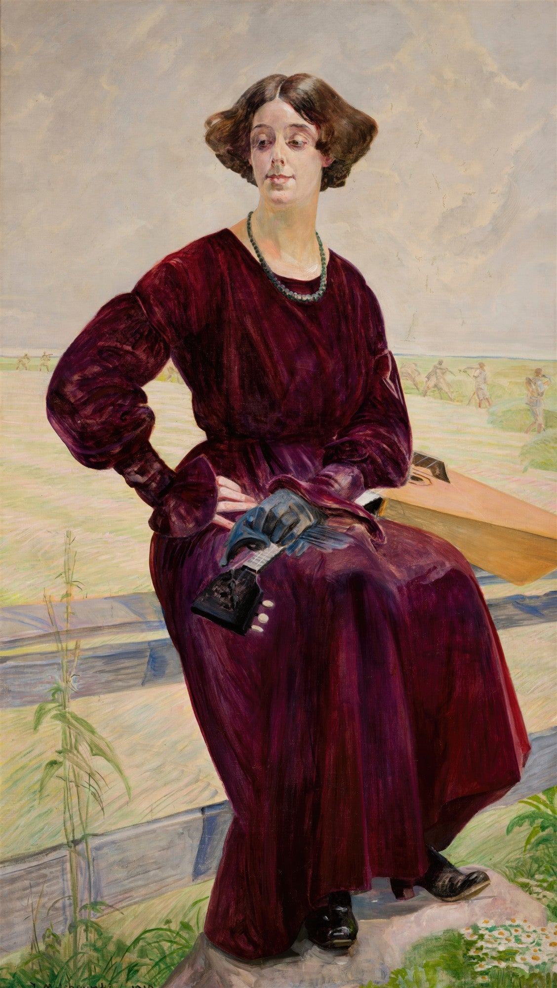 Retrato de 'A Poetisa' de Jacek Malczewski, mulher com vestido vinho sentada ao ar livre com alaúde