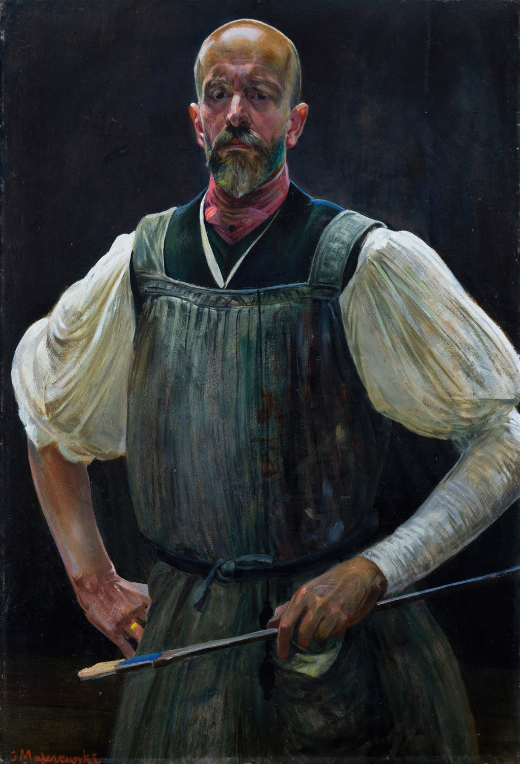Autorretrato de Jacek Malczewski, um homem careca e barbudo com vestes escuras e camisa branca, segurando um objeto fino, em um fundo escuro.