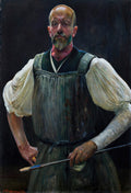 Autorretrato de Jacek Malczewski, um homem careca e barbudo com vestes escuras e camisa branca, segurando um objeto fino, em um fundo escuro.