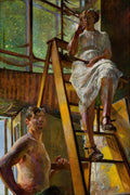 Quadro decorativo 'Pé de Vassoura' de Jacek Malczewski, mostrando dois personagens em um estúdio iluminado, com a figura feminina sentada em uma escada e a masculina em primeiro plano.