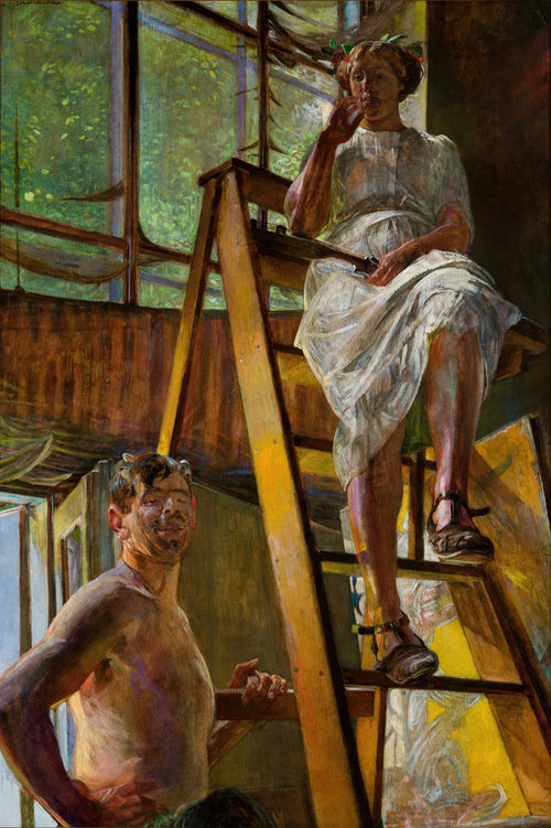 Quadro decorativo 'Pé de Vassoura' de Jacek Malczewski, mostrando dois personagens em um estúdio iluminado, com a figura feminina sentada em uma escada e a masculina em primeiro plano.