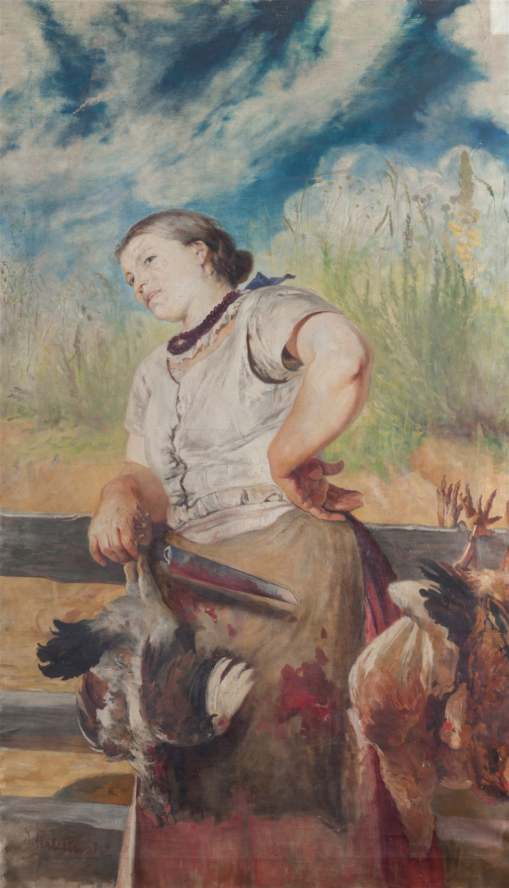 Quadro decorativo mostrando uma mulher rural com aparência cansada, segurando aves abatidas e uma faca, sob um céu dramático e nuvens. A cena é intensa e realista.