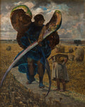 Quadro decorativo mostrando um anjo com asas coloridas guiando um menino de chapéu de palha através de um campo de trigo dourado sob um céu nublado. Pintura de Jacek Malczewski.