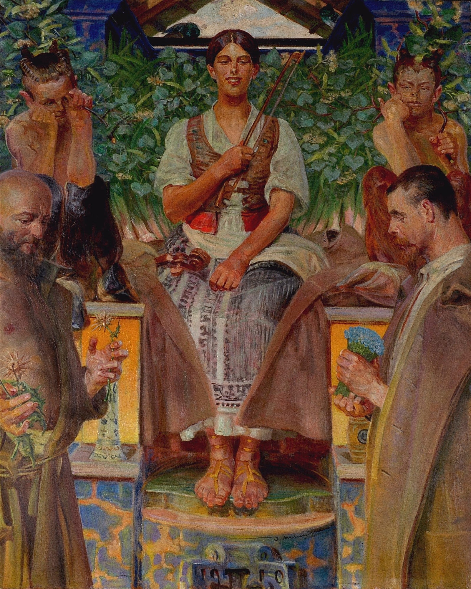 Quadro decorativo "A Música" de Jacek Malczewski, exibindo uma figura central feminina com um violino, ladeada por figuras masculinas e seres mitológicos em um cenário natural. A obra é rica em simbolismo e detalhes, com uma paleta de cores terrosas e verdes.
