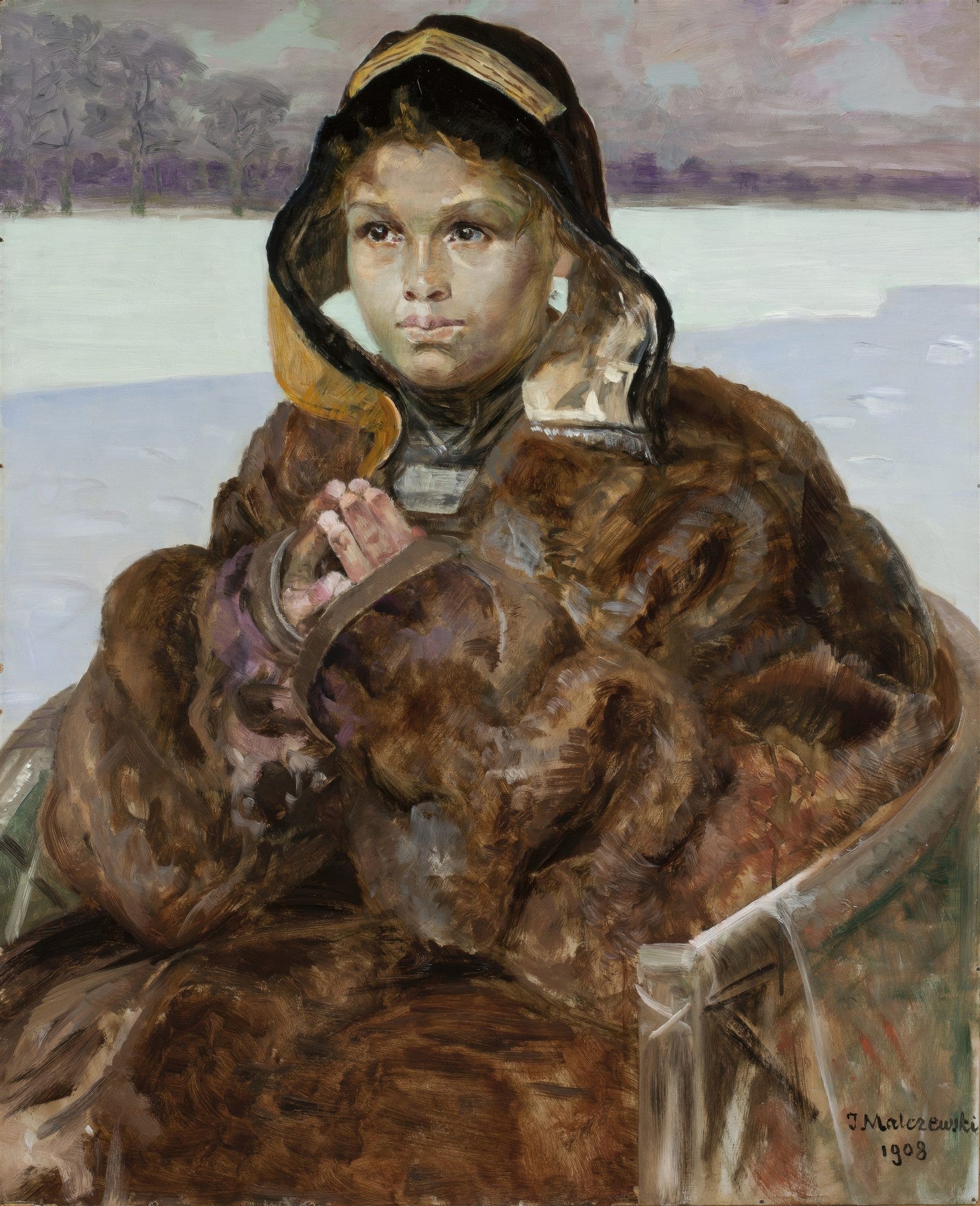 Quadro decorativo com retrato de jovem em casaco de pele com capuz em paisagem nevada, obra de Jacek Malczewski, estilo simbolista.