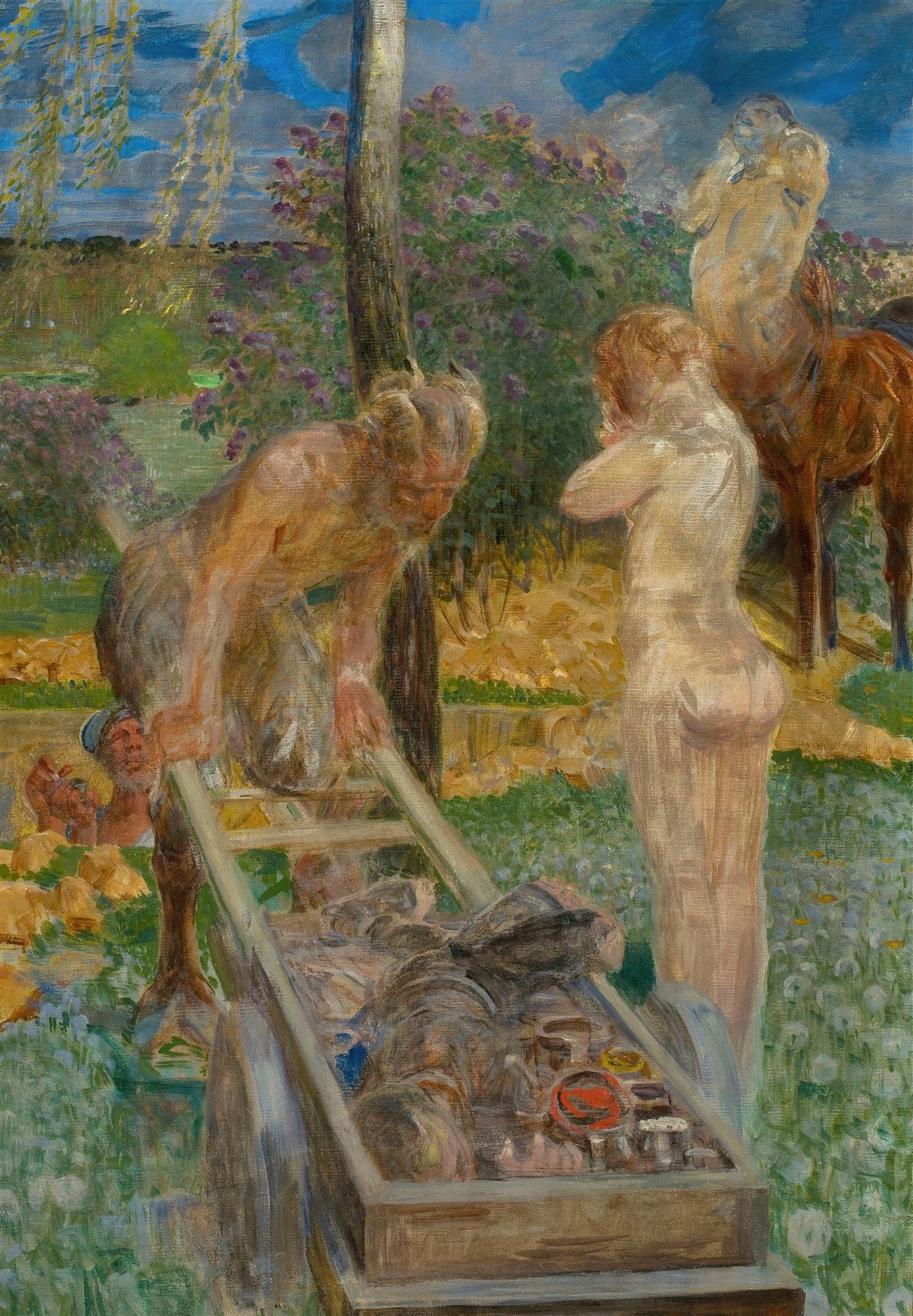 Quadro decorativo 'A Carroça de Pan' de Jacek Malczewski, exibindo figuras míticas e uma carroça em uma paisagem exuberante, com cores suaves e um toque onírico.