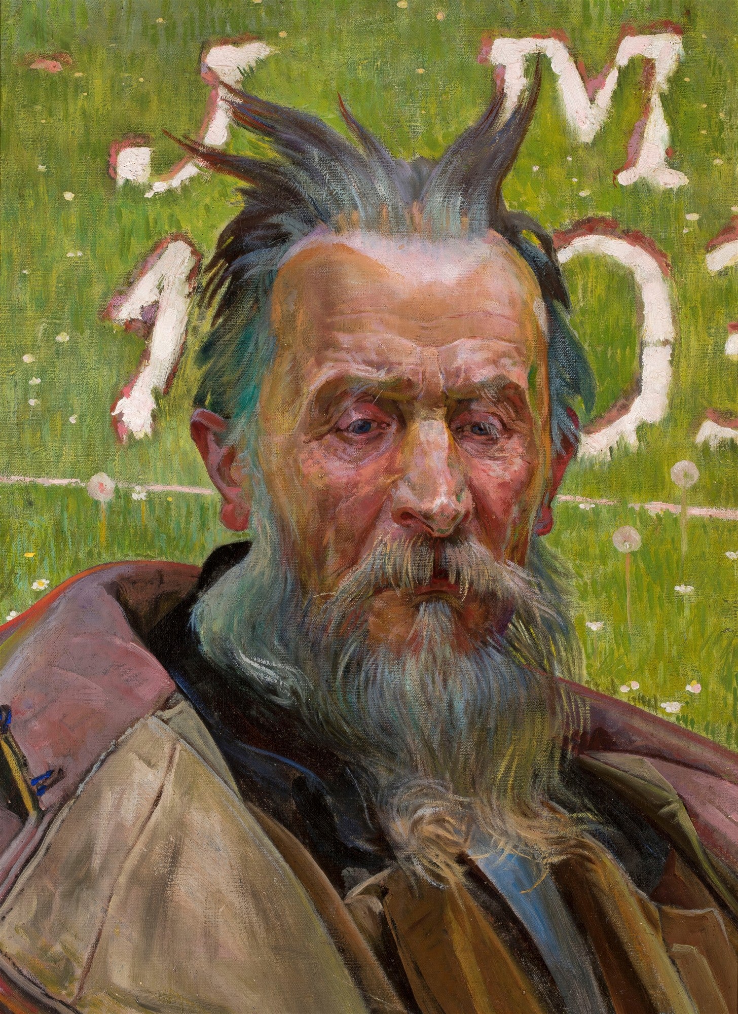 Retrato vibrante de um homem idoso com barba grisalha e cabelo espetado, sobre fundo verde com letras brancas, atribuído a Jacek Malczewski.