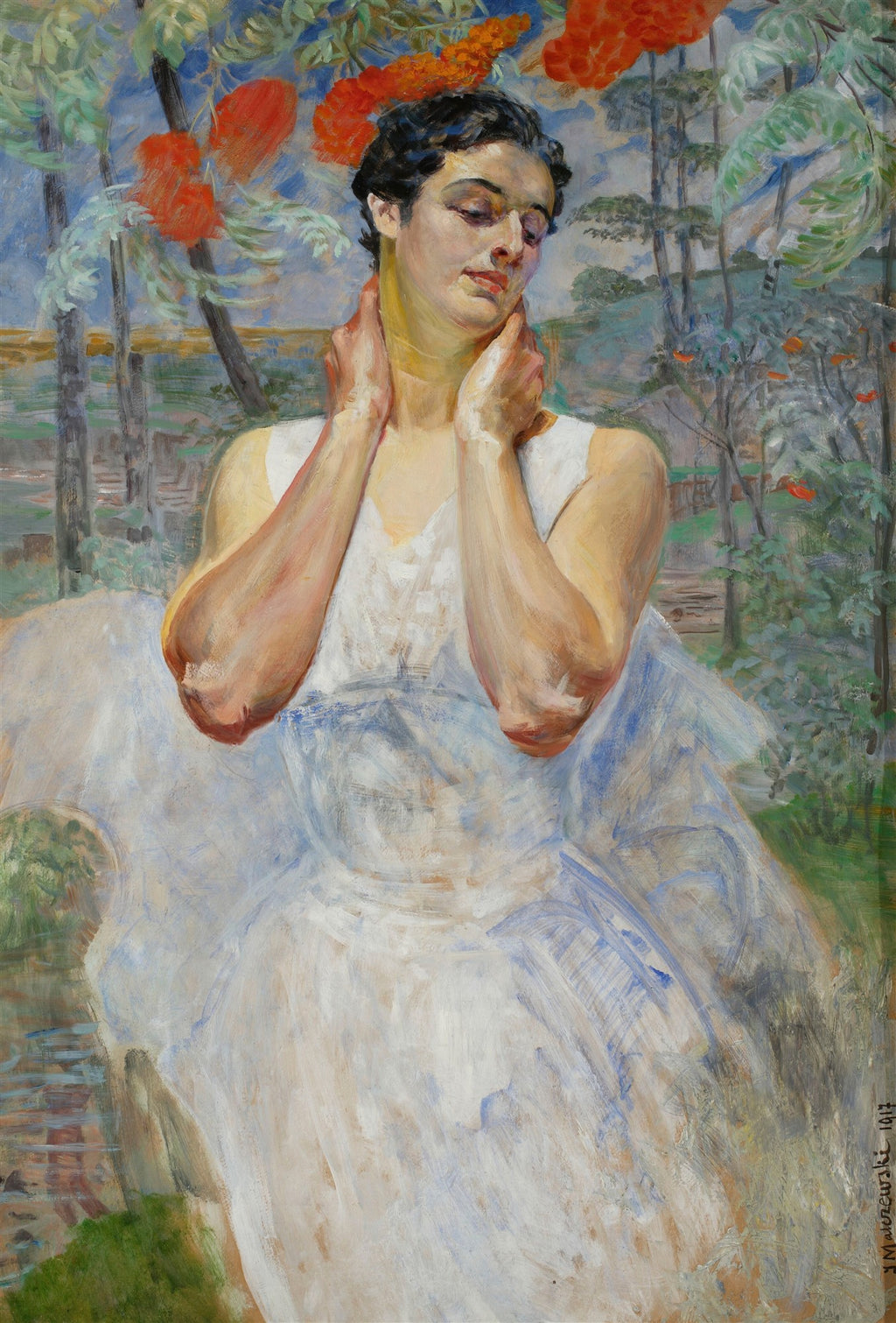 Quadro decorativo 'A Bailarina (A Musa)' de Jacek Malczewski, mulher com vestido branco, mãos no pescoço, em paisagem exuberante com flores vermelhas.