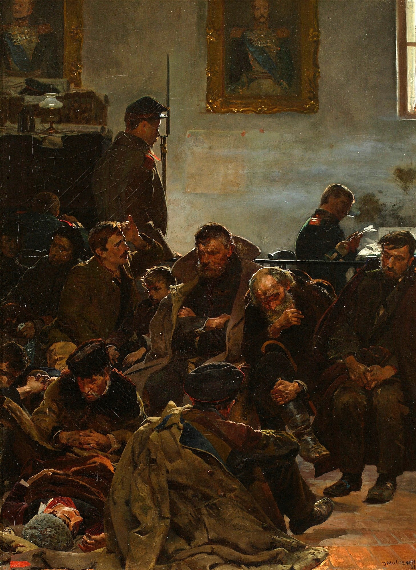 Quadro 'O Dia da Partida' de Jacek Malczewski, mostrando um grupo de homens, alguns sentados e outros deitados, com expressões de melancolia e cansaço, em um ambiente interno com pouca luz. Dois retratos emoldurados de figuras militares estão pendurados na parede ao fundo, e um homem fardado está de pé. A cena evoca um sentimento de espera ou exílio.