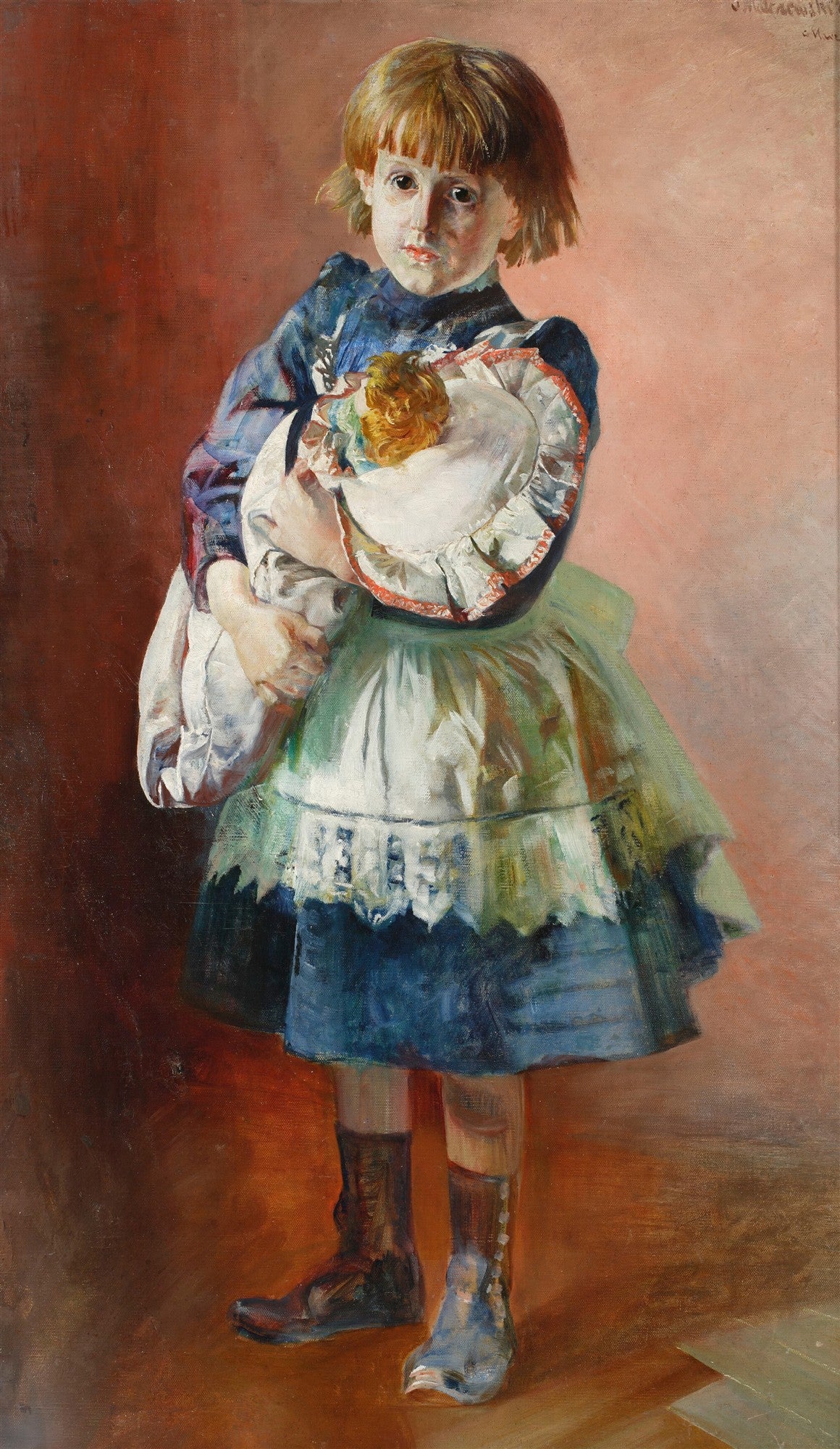 Quadro decorativo com pintura a óleo de Jacek Malczewski, "A Menina com a Boneca", retratando uma menina com cabelo ruivo e vestido azul, segurando uma boneca, em um fundo avermelhado.