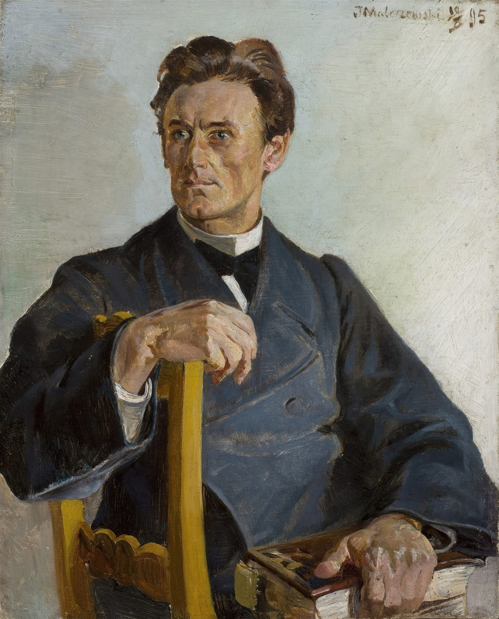 Retrato de um homem elegante do século XIX, sentado em uma cadeira, com olhar pensativo. Obra de Jacek Malczewski.