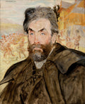 Autorretrato de Jacek Malczewski com barba e bigode, olhos azuis, casaco escuro, e fundo com figuras mitológicas de sátiros dançando e edifícios em tons de ocre.