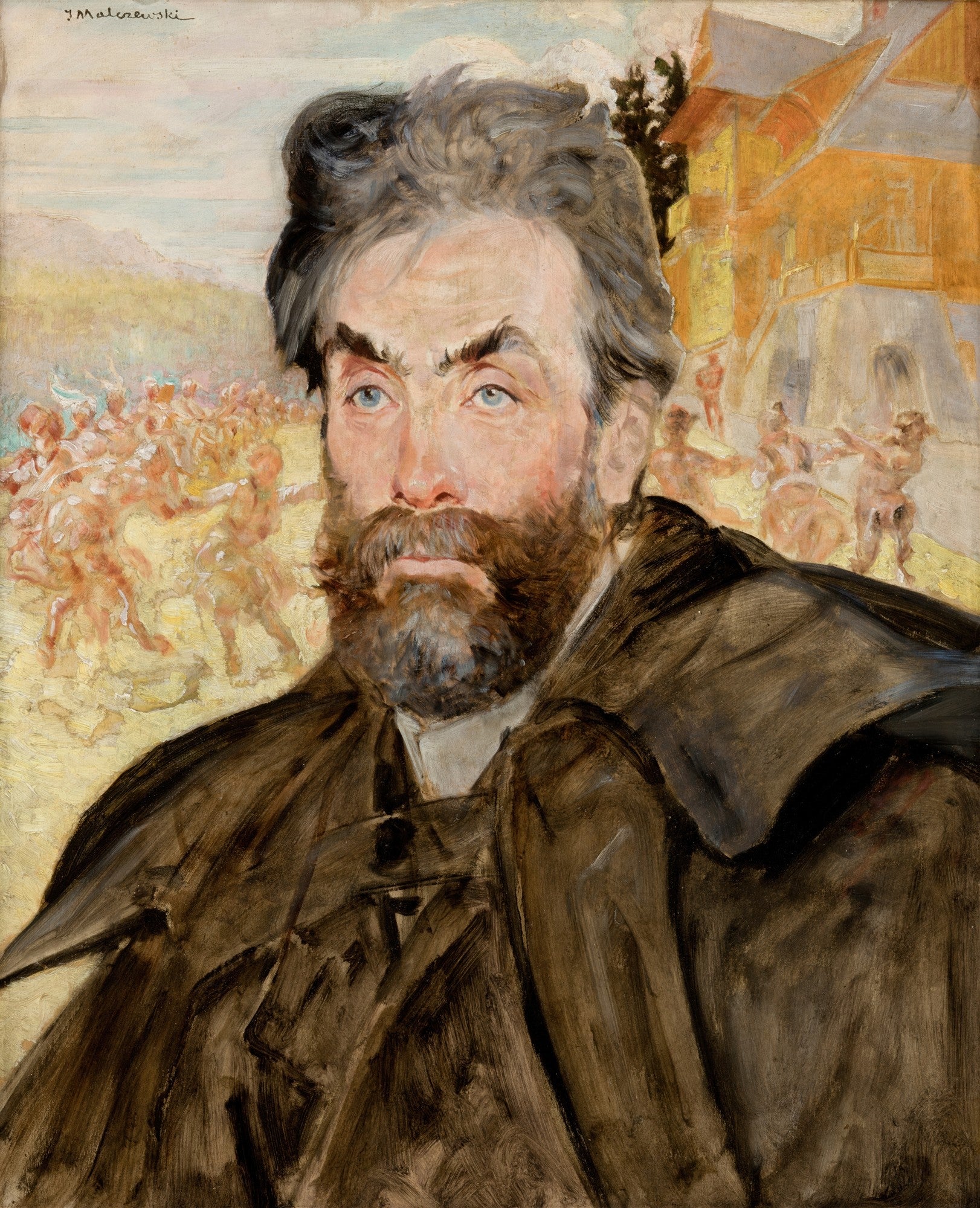 Autorretrato de Jacek Malczewski com barba e bigode, olhos azuis, casaco escuro, e fundo com figuras mitológicas de sátiros dançando e edifícios em tons de ocre.