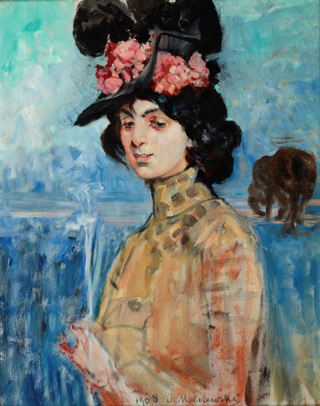 Retrato a óleo de uma senhora com chapéu preto grande e flores rosas, de Jacek Malczewski, com fundo azul e uma figura de elefante ao fundo.