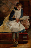 Retrato de uma jovem lendo um livro, com vestes simples e um avental branco, em tons terrosos, atribuída a Jacek Malczewski.