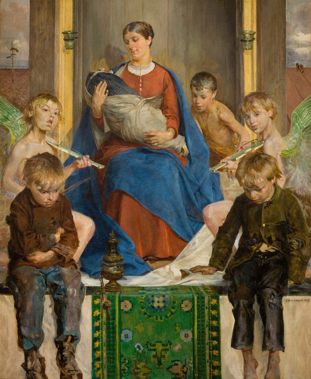 Quadro decorativo 'A Virgem e os Anjos' de Jacek Malczewski, com uma mulher sentada segurando um bebê, rodeada por crianças e anjos, em tons terrosos e azul.