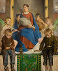 Quadro decorativo 'A Virgem e os Anjos' de Jacek Malczewski, com uma mulher sentada segurando um bebê, rodeada por crianças e anjos, em tons terrosos e azul.
