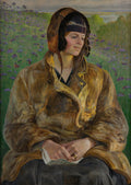 Retrato de uma mulher pensativa com touca escura e casaco marrom-dourado, sentada em um campo de flores roxas, com paisagem distante ao fundo, obra de Jacek Malczewski.
