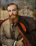 Autorretrato de Jacek Malczewski, um homem barbudo com olhar intenso, em um cenário onírico com figuras alegóricas e paisagem campestre. Pintura de estilo simbolista.