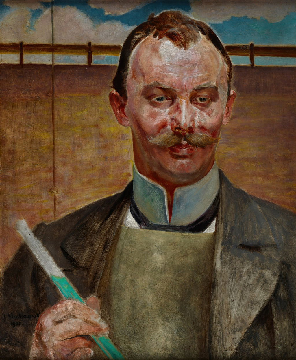 Quadro decorativo do autorretrato de Jacek Malczewski, um homem com bigode, olhar intenso e um pincel na mão, em tons terrosos e azuis.