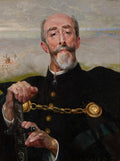 Retrato de um homem de meia-idade com bigode e barba grisalhos, vestindo um casaco escuro com detalhes dourados, segurando um objeto, com uma cena de batalha distante e etérea ao fundo. A obra é de Jacek Malczewski e é conhecida como 'O Poeta'.