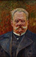 Retrato de um homem de meia-idade com bigode e barba brancos, terno escuro, pintado por Jacek Malczewski em tons terrosos e escuros