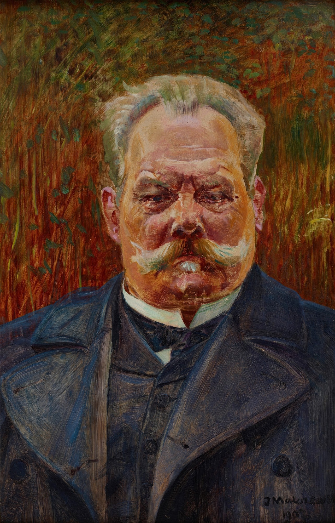 Retrato de um homem de meia-idade com bigode e barba brancos, terno escuro, pintado por Jacek Malczewski em tons terrosos e escuros