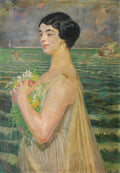 Retrato de uma mulher com buquê de flores, de perfil, com mar agitado e figuras ao fundo, em estilo simbolista de Jacek Malczewski.