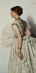 Retrato de 'A Dama de Branco' de Jacek Malczewski, uma mulher sorrindo de perfil com um vestido branco e dourado ornado.