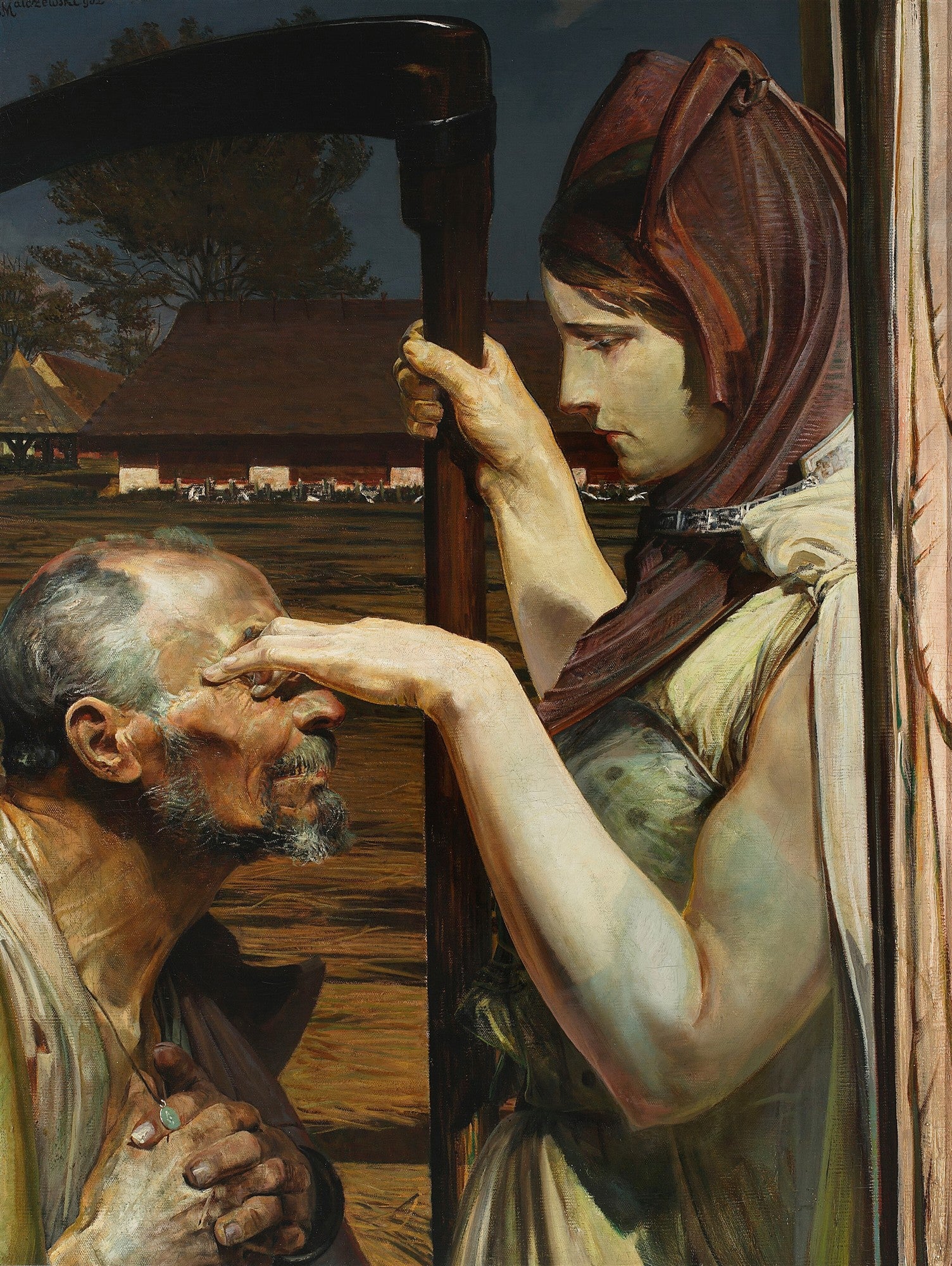 Quadro decorativo "A Morte de Ellenai" de Jacek Malczewski, retratando uma figura feminina com uma foice e um homem idoso em prece, com fundo de paisagem rural.